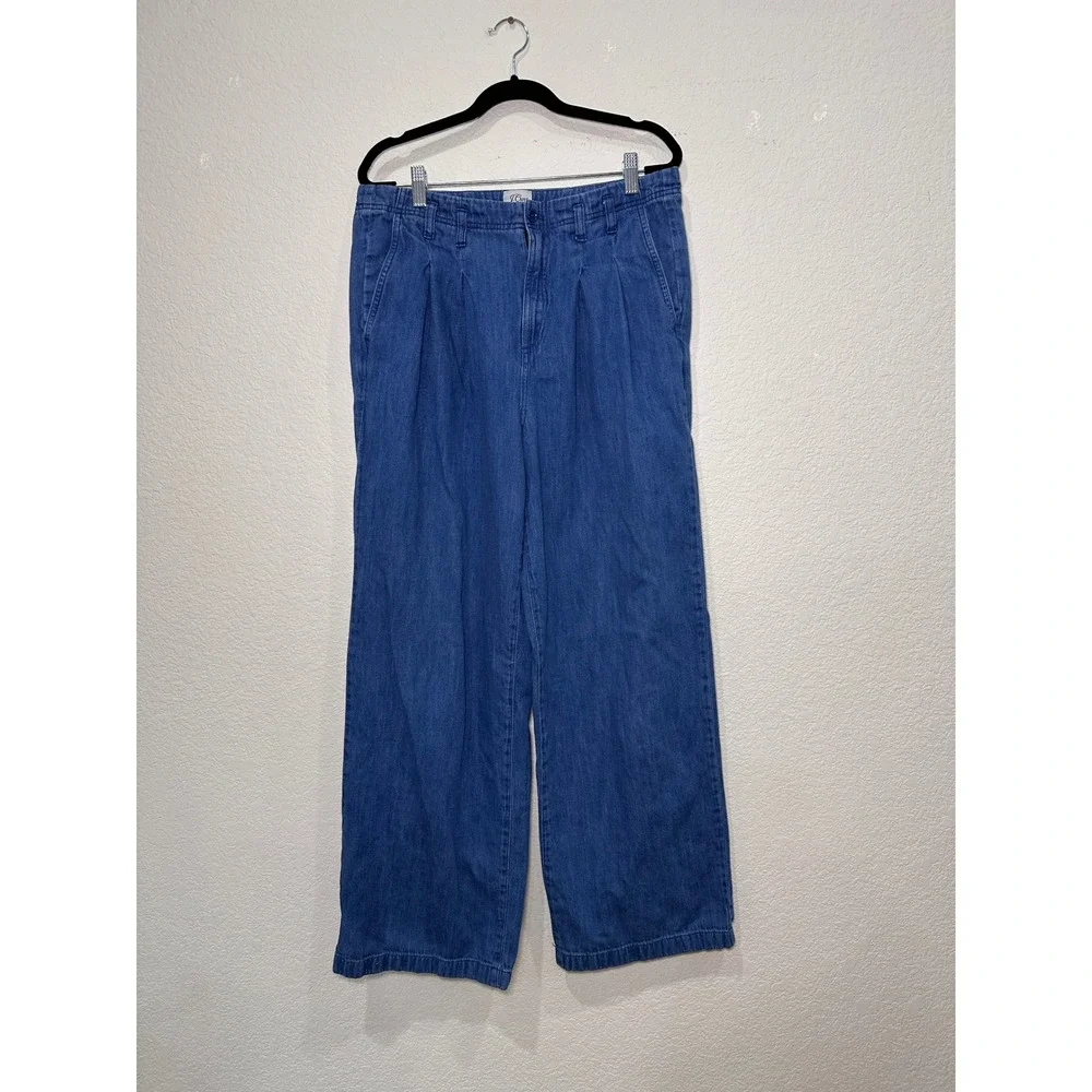 J.Crew Denim Wide Leg Pleated Cotton Linen Blend Pants Medium Wash Blue Size‎ 12